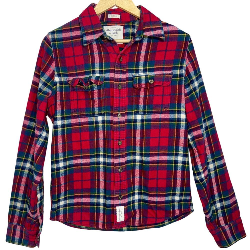 Abercrombie & Fitch Muscle Red Plaid Flannel Casual Button Down Shirt Men Size S